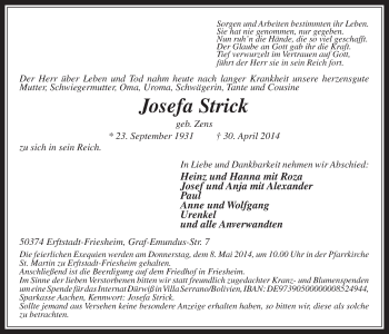 Anzeige von Josefa Strick von  Werbepost 