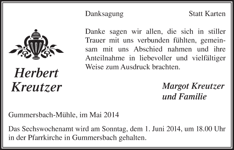  Traueranzeige für Herbert Kreutzer vom 07.05.2014 aus  Anzeigen Echo 