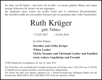 Anzeige von Ruth Krüger von  Lokalanzeiger 
