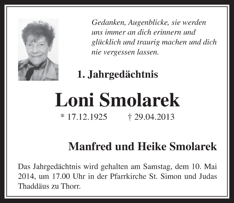 Traueranzeige für Loni Smolarek vom 07.05.2014 aus  Werbepost 