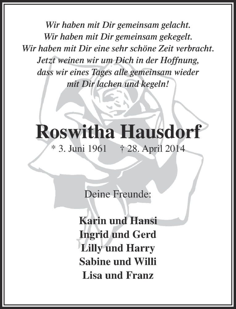 Traueranzeige für Roswitha Hausdorf vom 07.05.2014 aus  Bergisches Handelsblatt 
