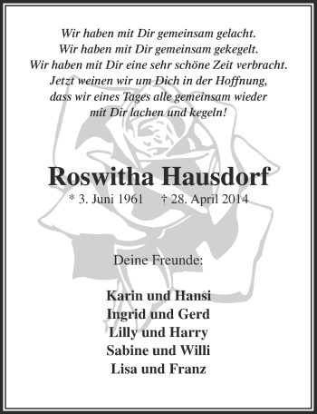 Anzeige von Roswitha Hausdorf von  Bergisches Handelsblatt 