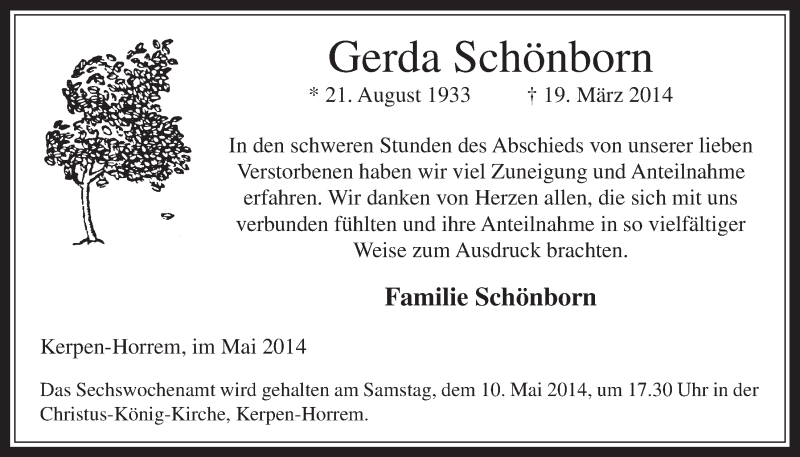  Traueranzeige für Gerda Schönborn vom 07.05.2014 aus  Werbepost 
