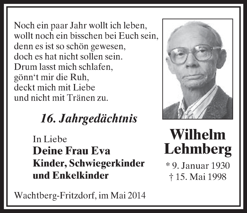  Traueranzeige für Wilhelm Lehmberg vom 14.05.2014 aus  Schaufenster/Blickpunkt 
