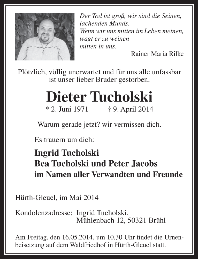  Traueranzeige für Dieter Tucholski vom 07.05.2014 aus  Wochenende 