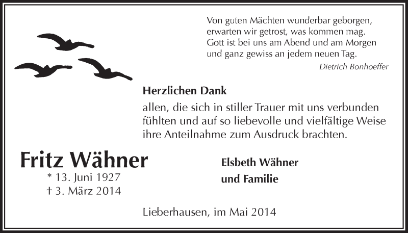  Traueranzeige für Fritz Wähner vom 07.05.2014 aus  Anzeigen Echo 