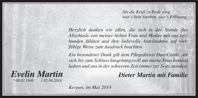  Traueranzeige für Evelin Martin vom 07.05.2014 aus  Werbepost 