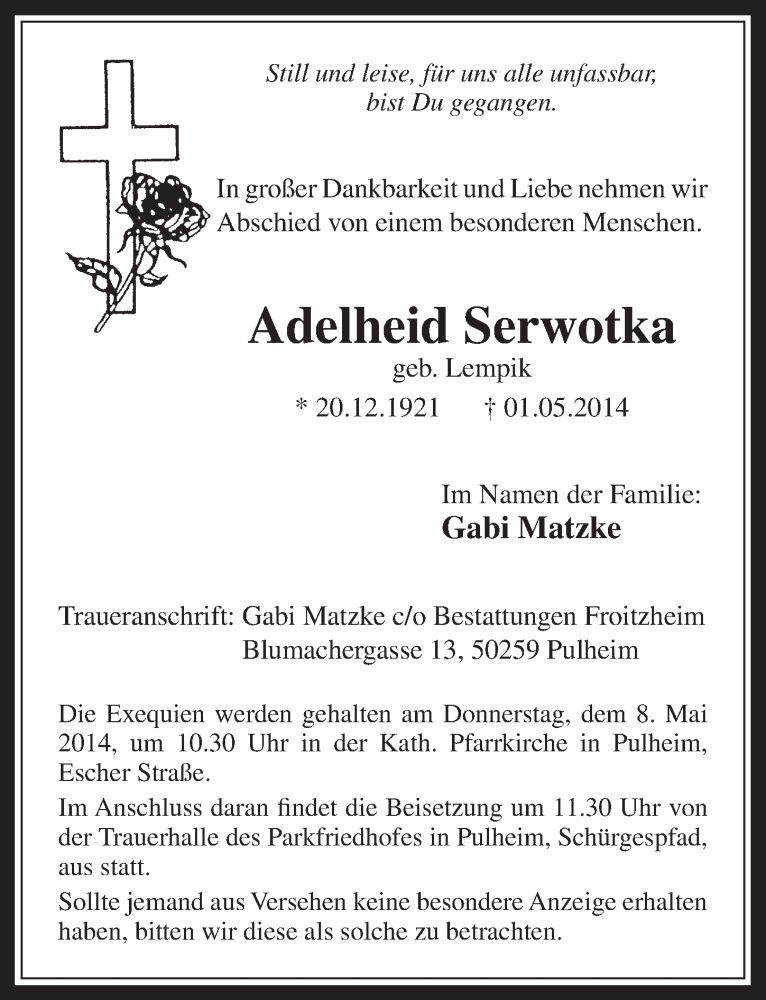  Traueranzeige für Adelheid Serwotka vom 07.05.2014 aus  Wochenende 