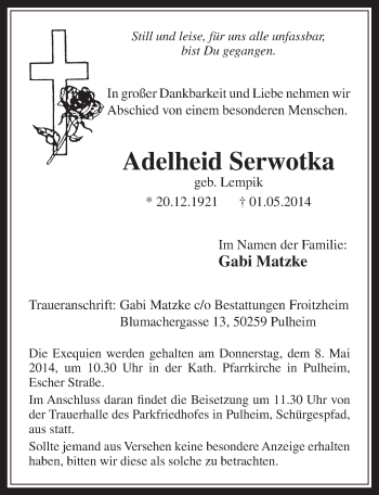 Anzeige von Adelheid Serwotka von  Wochenende 