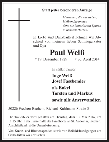 Anzeige von Paul Weiß von  Wochenende 