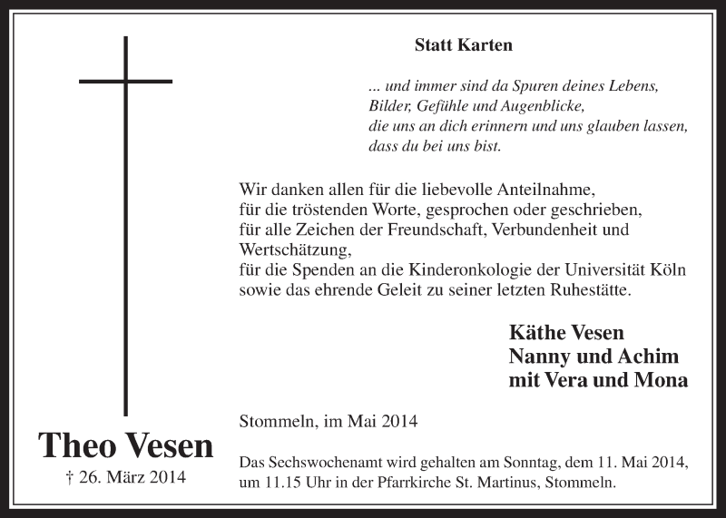  Traueranzeige für Theo Vesen vom 07.05.2014 aus  Wochenende 