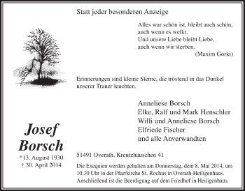 Anzeige von Josef Borsch von  Bergisches Handelsblatt 