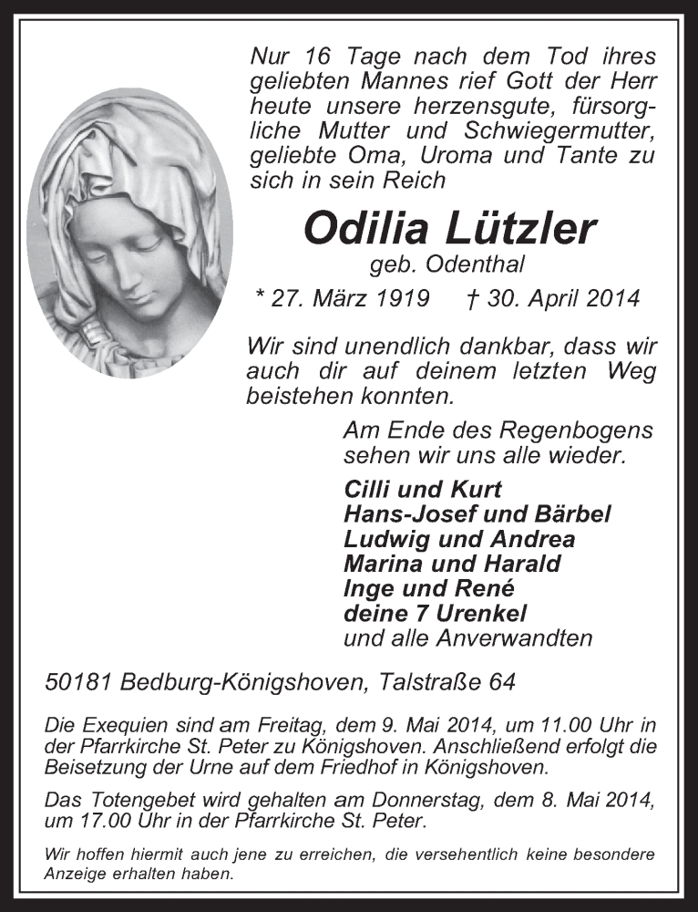  Traueranzeige für Odilia Lützler vom 07.05.2014 aus  Werbepost 
