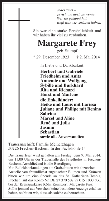 Anzeige von Margarete Frey von  Wochenende 