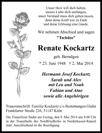 Anzeige von Renate Kockartz von  Kölner Wochenspiegel  Extra Blatt 