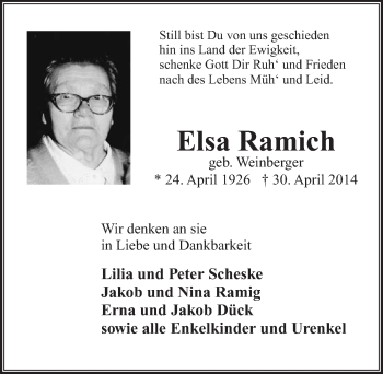 Anzeige von Elsa  Ramich von  Extra Blatt 
