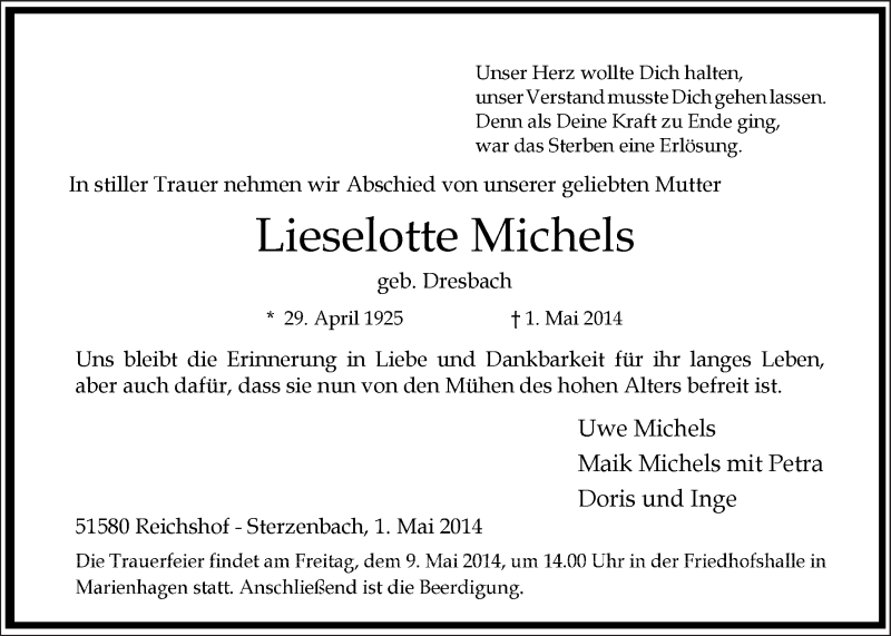  Traueranzeige für Lieselotte Michels vom 07.05.2014 aus  Anzeigen Echo 