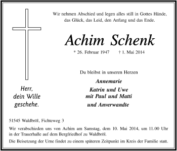 Anzeige von Achim Schenk von  Lokalanzeiger 