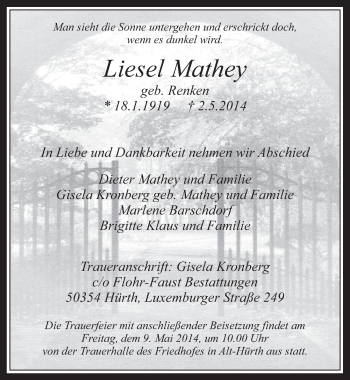 Anzeige von Liesel Mathey von  Wochenende 