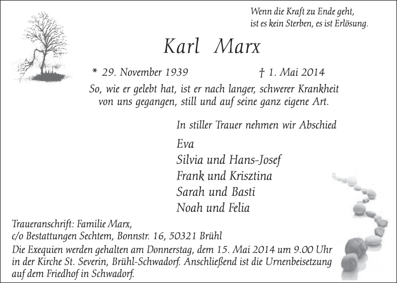  Traueranzeige für Karl Marx vom 07.05.2014 aus  Schlossbote/Werbekurier 