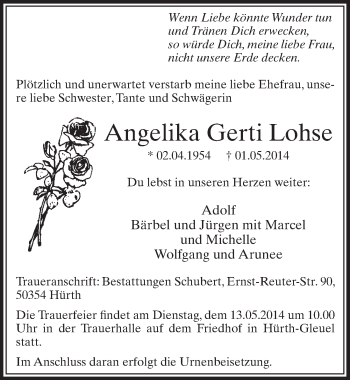 Anzeige von Angelika Gerti Lohse von  Sonntags-Post 