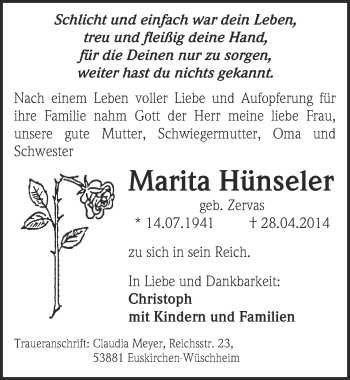 Anzeige von Marita Hünseler von  Blickpunkt Euskirchen 