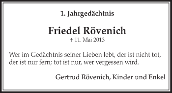 Anzeige von Friedel Rövenich von  Sonntags-Post 