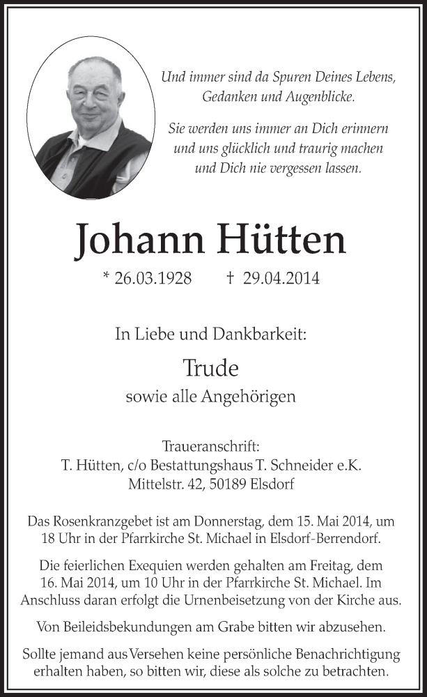  Traueranzeige für Johann Hütten vom 10.05.2014 aus  Sonntags-Post 