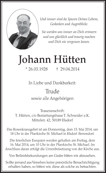 Anzeige von Johann Hütten von  Sonntags-Post 