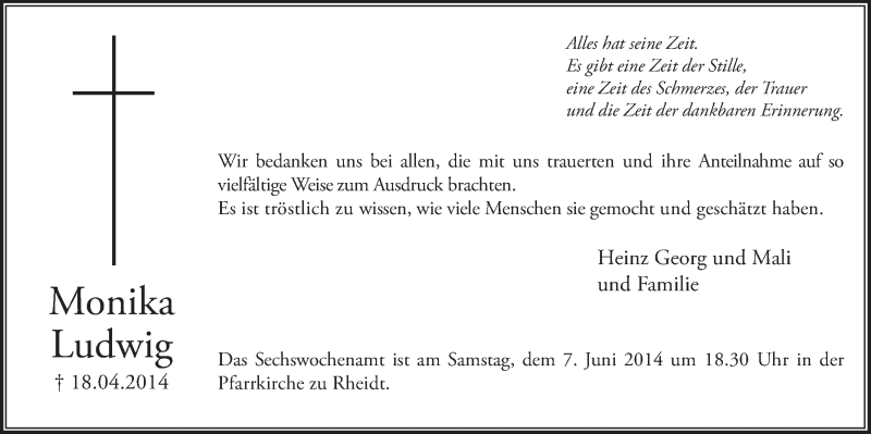  Traueranzeige für Monika Ludwig vom 14.05.2014 aus  Extra Blatt 