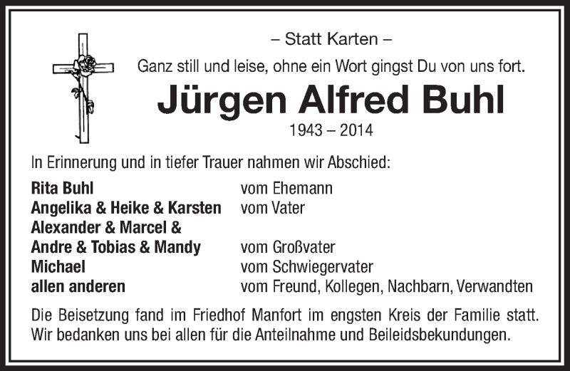  Traueranzeige für Jürgen Alfred Buhl vom 14.05.2014 aus  Lokale Informationen 