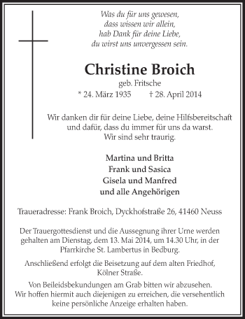 Anzeige von Christine Broich von  Sonntags-Post 