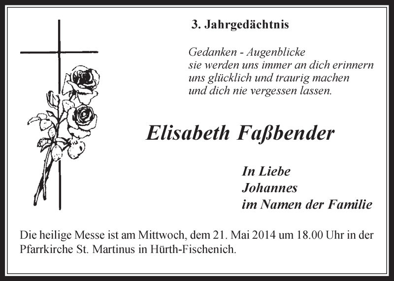  Traueranzeige für Elisabeth Faßbender vom 14.05.2014 aus  Wochenende 