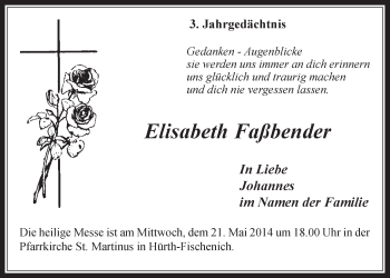 Anzeige von Elisabeth Faßbender von  Wochenende 