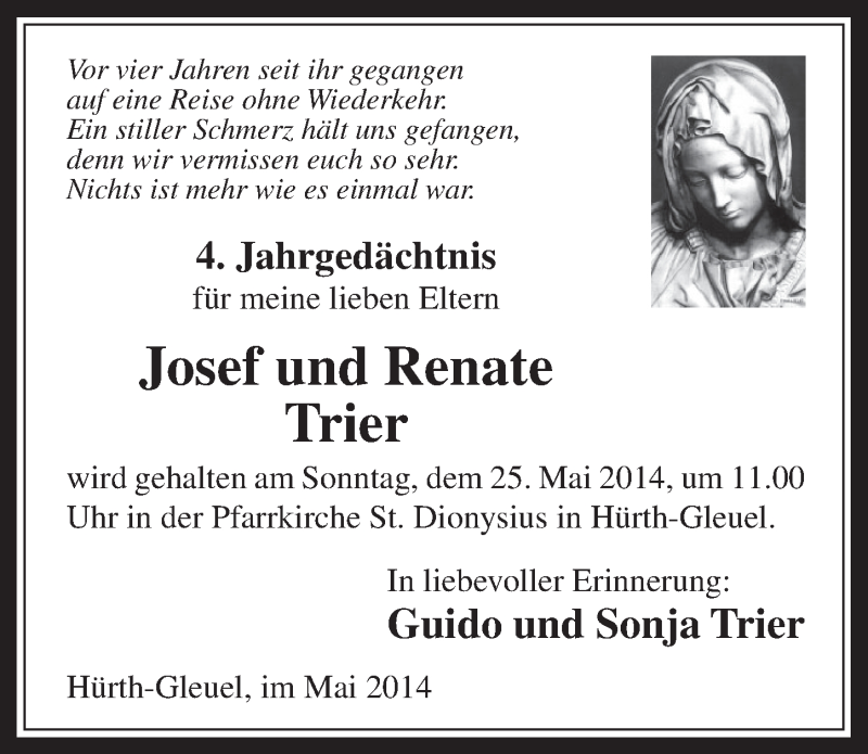  Traueranzeige für Josef und Renate Trier vom 21.05.2014 aus  Wochenende 