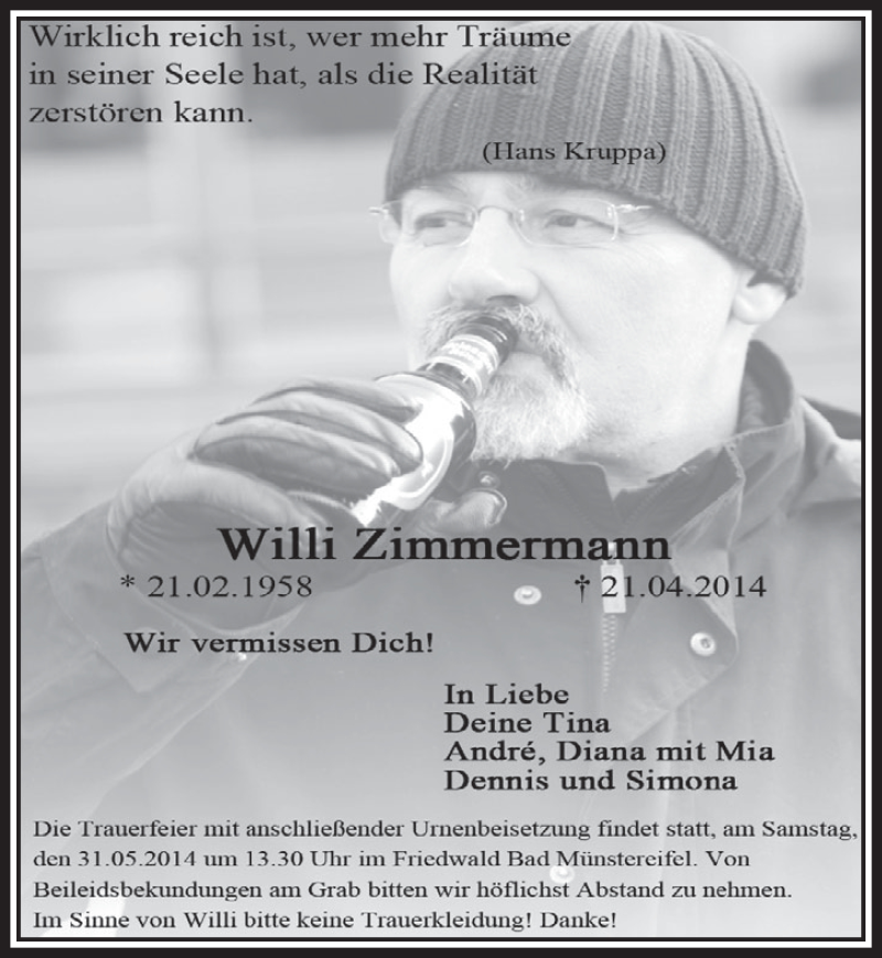  Traueranzeige für Willi Zimmermann vom 10.05.2014 aus  Sonntags-Post 