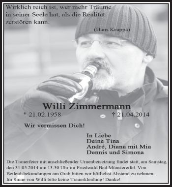 Anzeige von Willi Zimmermann von  Sonntags-Post 