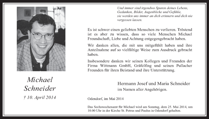  Traueranzeige für Michael Schneider vom 14.05.2014 aus  Schaufenster/Blickpunkt 