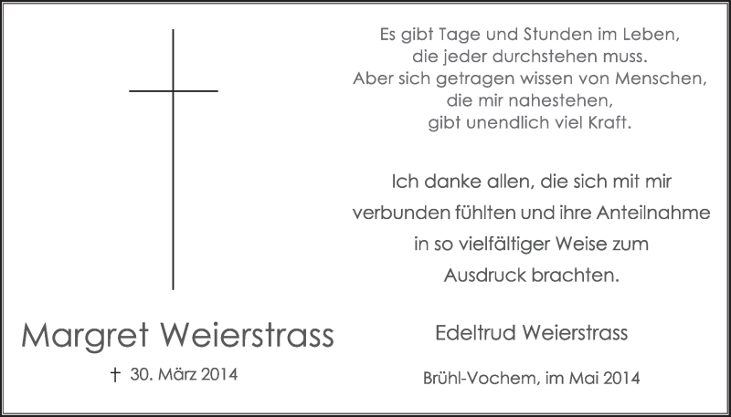  Traueranzeige für Margret Weierstrass vom 14.05.2014 aus  Schlossbote/Werbekurier 