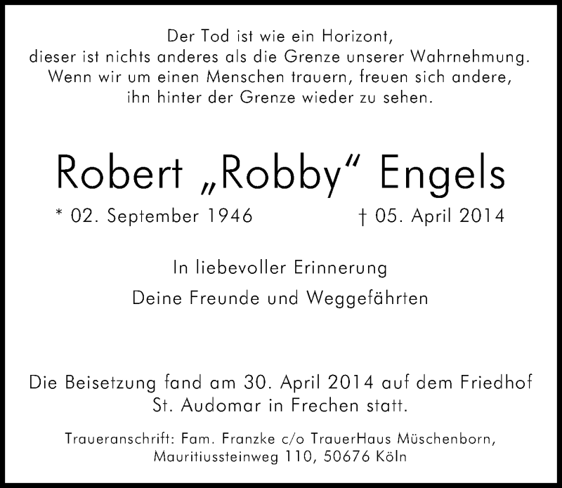  Traueranzeige für Robert Robby Engels vom 10.05.2014 aus  Sonntags-Post 