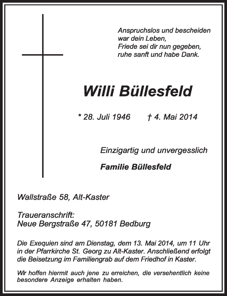  Traueranzeige für Willi Büllesfeld vom 10.05.2014 aus  Sonntags-Post 