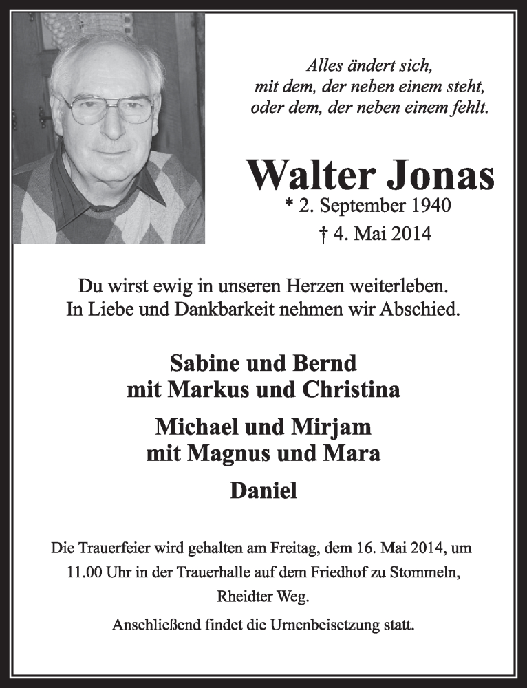  Traueranzeige für Walter Jonas vom 10.05.2014 aus  Sonntags-Post 