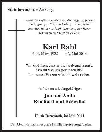 Anzeige von Karl Rabl von  Wochenende 