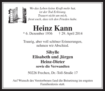 Anzeige von Heinz Kann von  Wochenende 