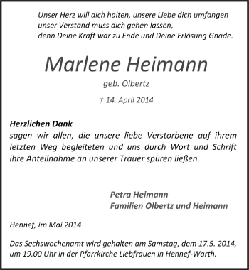 Anzeige von Marlene Heimann von  Extra Blatt 