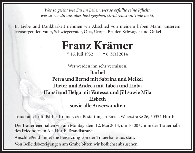  Traueranzeige für Franz Krämer vom 10.05.2014 aus  Sonntags-Post 