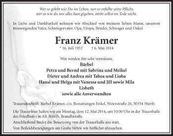 Anzeige von Franz Krämer von  Sonntags-Post 