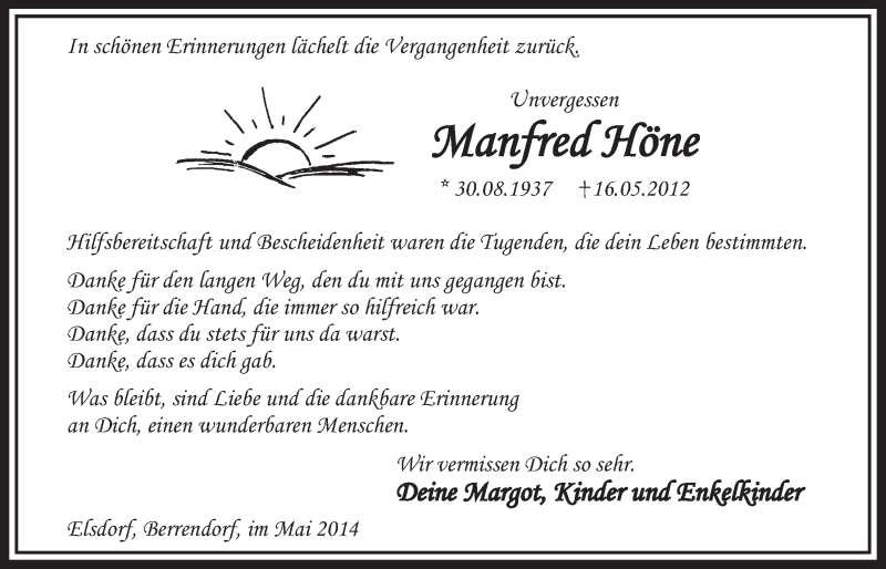  Traueranzeige für Manfred Höne vom 17.05.2014 aus  Sonntags-Post 