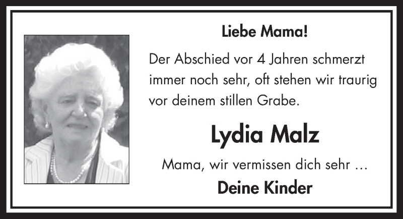  Traueranzeige für Lydia Malz vom 14.05.2014 aus  Schlossbote/Werbekurier 