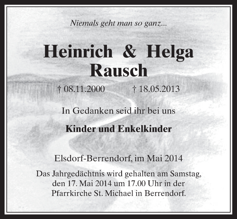  Traueranzeige für Heinrich und Helga Rausch vom 14.05.2014 aus  Werbepost 